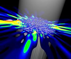 Schematische Darstellung eines Diffusive Random Lasers. Weiss bezeichnet hohe Lichtintensität, blau dagegen tiefe. (Bild: H. Türeci, ETH Zürich)