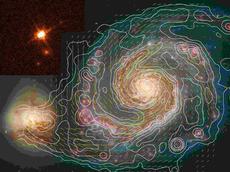 Was entspricht dem Magnetfeld von erdnahen Galaxien bei Milliarden von Lichtjahren entfernten Quasaren (gross: „Whirlpool“-Galaxie; klein: Quasar OC-65)? (Bild: www.mpifr-bonn.mpg.de)