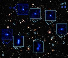 Was für Laien nur als schwache Punkte zu erkennen ist, sind Galaxien im frühen Universum. Die Rotverschiebung z ist ein Mass für das Alter der Galaxien; z~7 bezeichnet Galaxien rund 800 Millionen Jahre, z~8 rund 650 Millionen Jahre nach dem Urknall. (Bild: NASA, ESA, G. Illingworth, R. Bouwens and HUDF09 Team / P. Oesch)