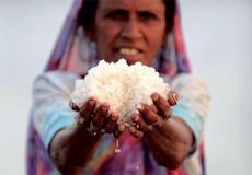 An Indian woman with a handful of sea salt: salt iodization controls iodine deficiency worldwide.