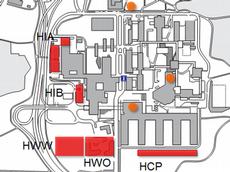 Die Karte zeigt die neuen Gebäude auf dem Campus Hönggerberg, die bis 2015 entstehen. Die orangenen Punkte markieren den Aus- und Umbau der Gastronomiebetriebe. (Bild: ETH Zürich)