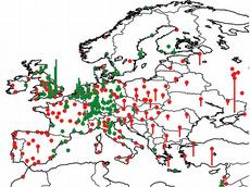 Europas Städte bezogen auf ihre wissenschaftliche Fitness: Grüne Balken stehen für hohe Originalität bei der Entwicklung neuer Ideen, rote für häufiges Kopieren von neuen Ideen. (Grafik: aus Mazloumian et al., 2013)