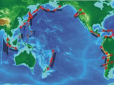 The seismically active zones in the Pacific: the black lines mark the fault zones and the red arrows show the direction of the fast seismic waves. The computer model built by Manuele Faccenda and his colleagues was able to show how these develop.