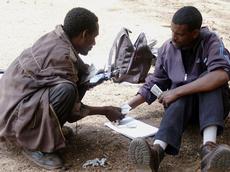 Sozial oder eigennützig? Ein Helfer von ETH-Postdoc Devesh Rustagi mit einem lokalen Bauern beim «Public Goods»-Spiel in den Bale-Wäldern Äthiopiens. (Bild: Devesh Rustagi)