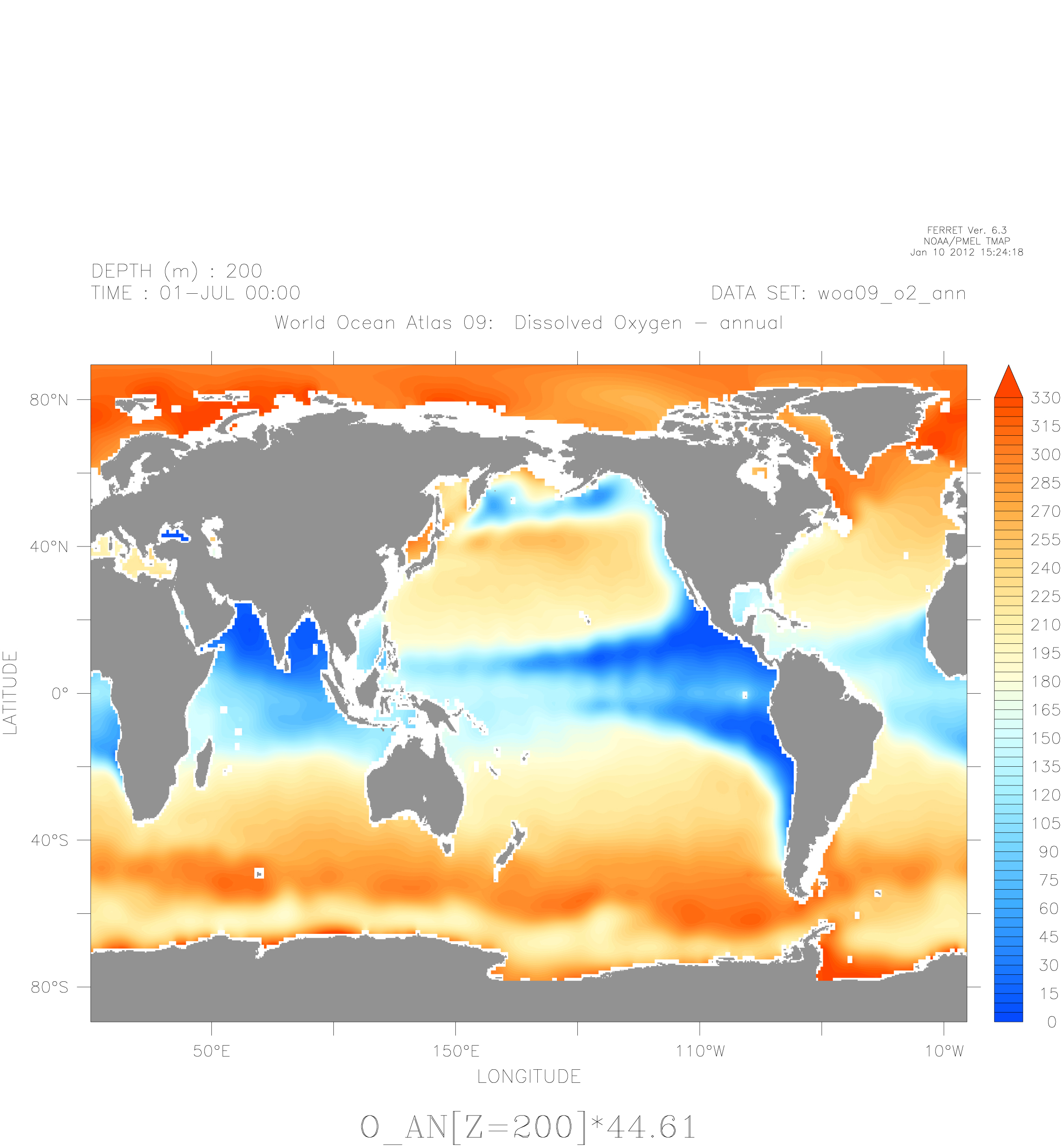 Die Weltkarte zeigt, wo das Meerwasser fast keinen Sauerstoff enthält (blau) und wo genügend des lebenswichtigen Gases vorhanden ist (rot). (Grafik: S. Jaccard /ETH Zürich)