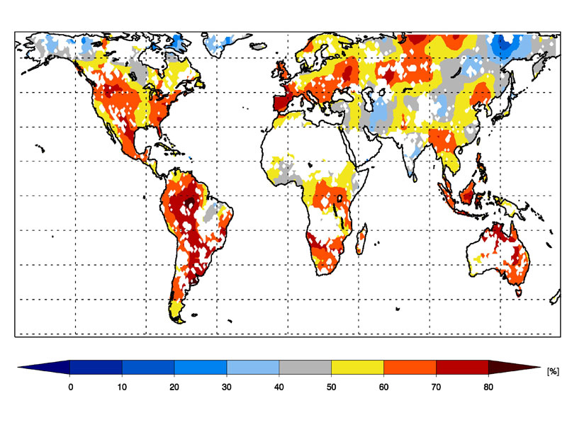 Die Grafik zeigt, dass die Wahrscheinlichkeit für eine überdurchschnittlich hohe Anzahl heisser Tage nach fehlendem Niederschlag in den meisten Regionen der Welt steigt. (Bild: Brigitte Müller / ETH Zürich)