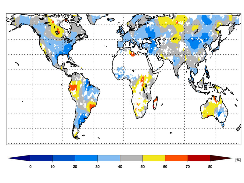 Die Grafik zeigt, dass Niederschlag die Wahrscheinlichkeit für eine überdurchschnittlich hohe Anzahl heisser Tage in den meisten Regionen der Welt senkt. (Bild: Brigitte Müller / ETH Zürich)