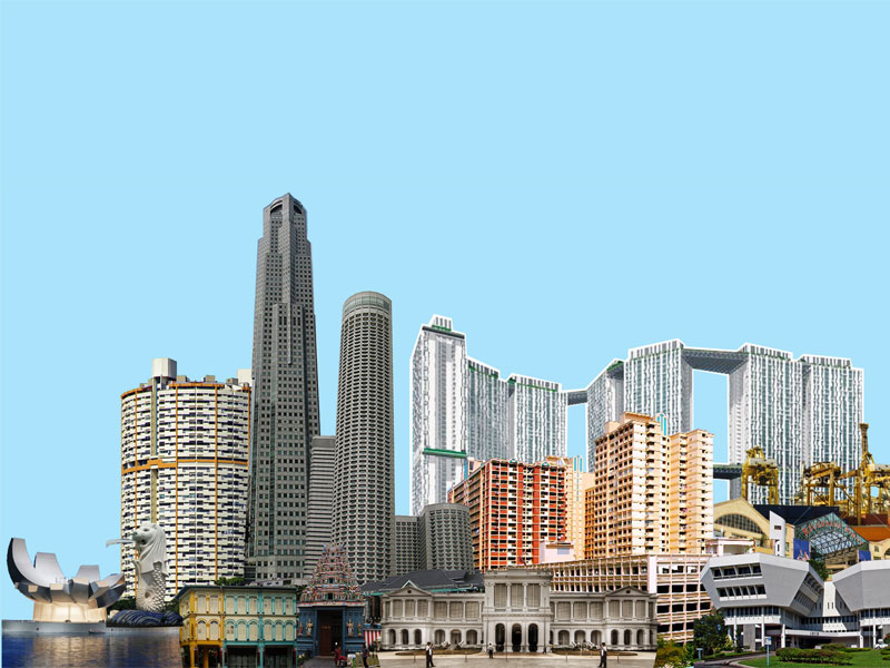 Bestens geeignet für den Einsatz von Baurobotern: Komplexe Hochhäuser wie hier in der Skyline von Singapur (Collage). (Bild: SEC-FCL)