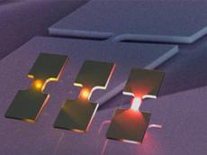 Leuchtende Germaniumbrücken geben Photonen ab, die zur Kommunikation zwischen Mikroprozessoren genutzt werden können. (Grafik: Hans Sigg, PSI)