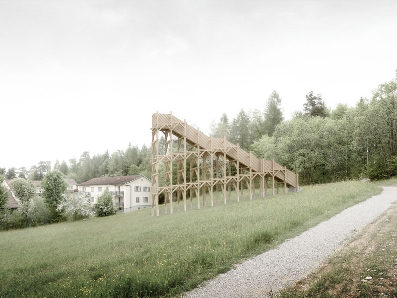 Der fertiggebaute Aussichtssturm auf dem Zollikerberg in einer Visualisierung. (Bild: Sébastian Ressnig / ETH-Studio Emerson)